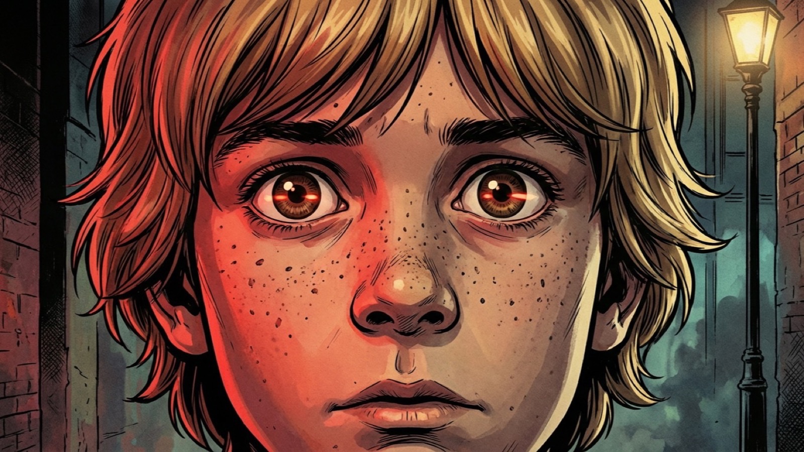 Close-up of seven-year-old Mason's face at night, red taillight glow reflected in his eyes, from Act A of You Think You're the Black Cat