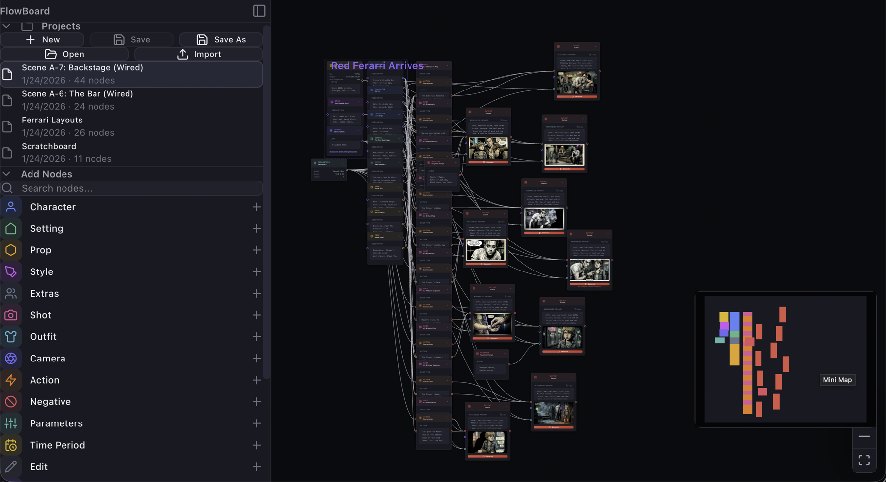 FlowBoard workspace showing native New, Save, Save As, Open, and Import controls beside a large connected creative scene graph.