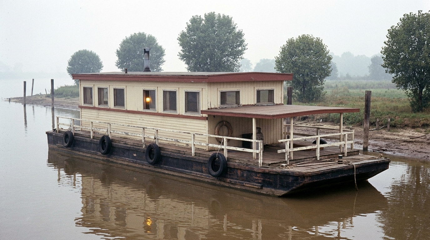 First FlowBoard output translating the scene-capture reference into a late-1960s houseboat render