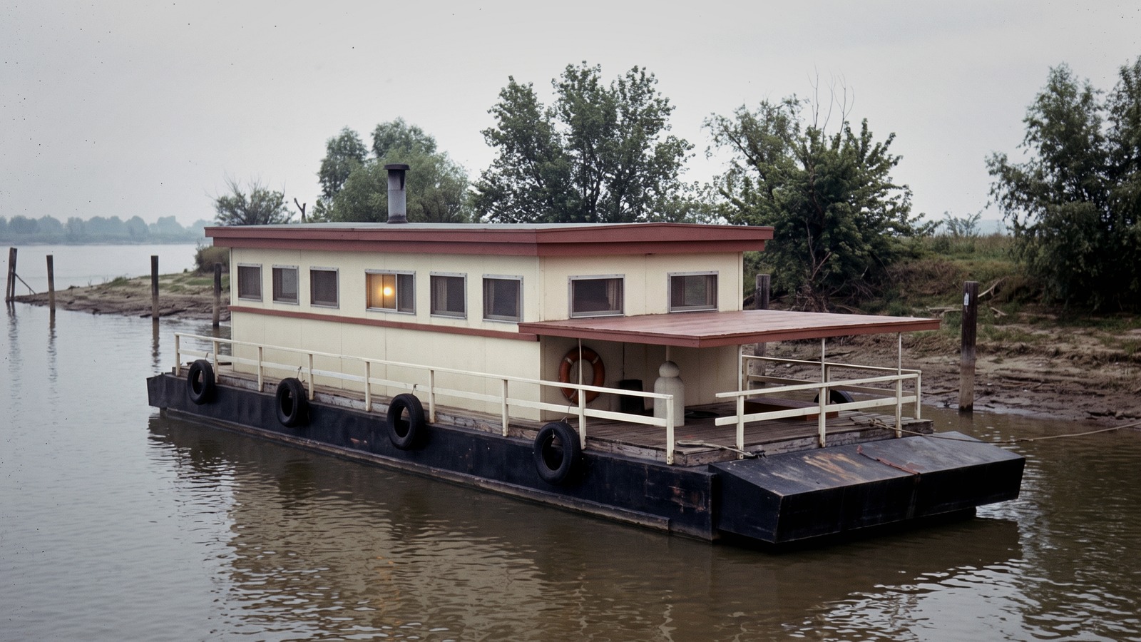 Refined vintage-style houseboat render generated from a FlowBoard scene-capture and reference-driven workflow