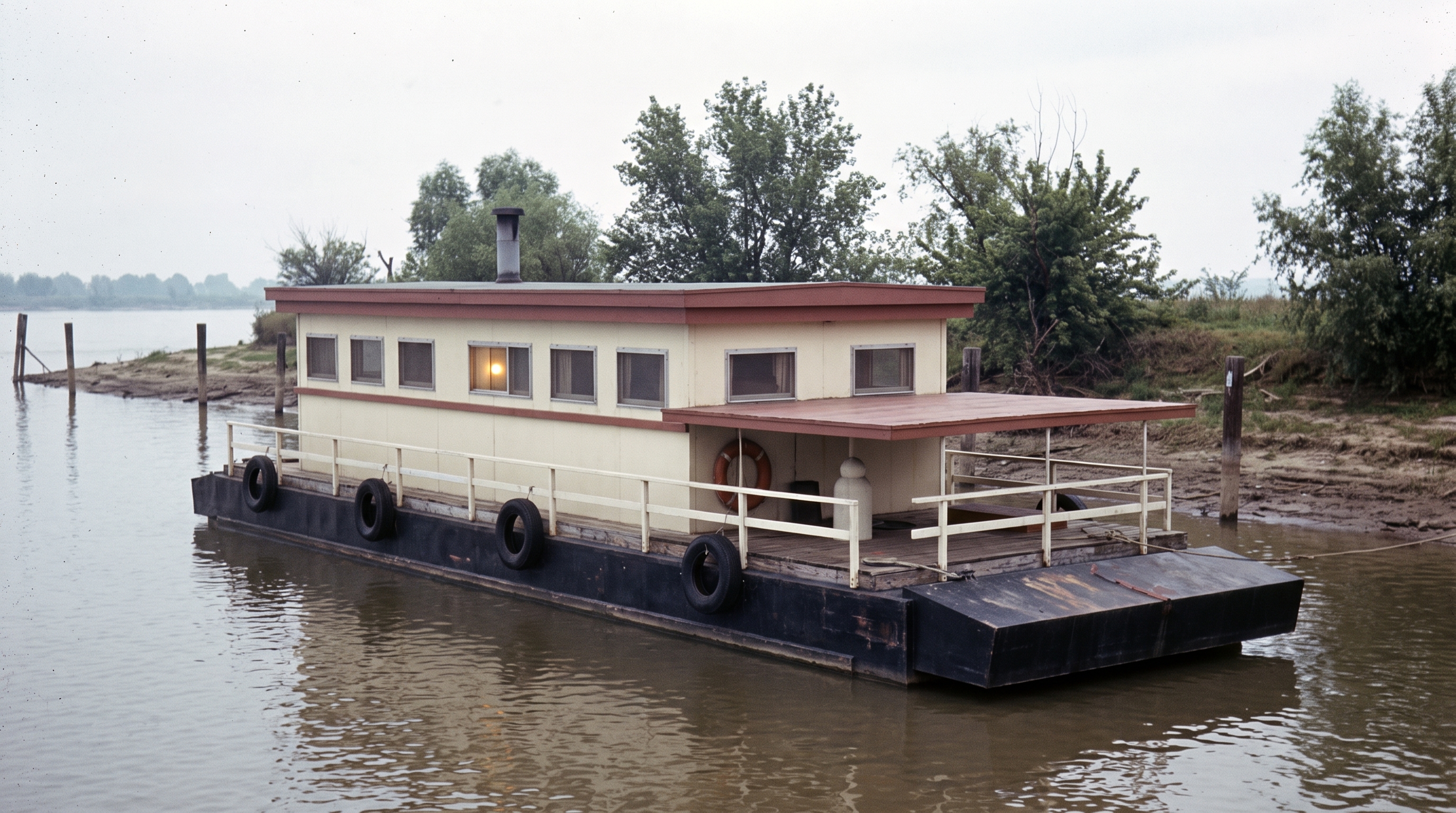 Refined FlowBoard output turning the staged houseboat scene into a vintage documentary-style river photograph
