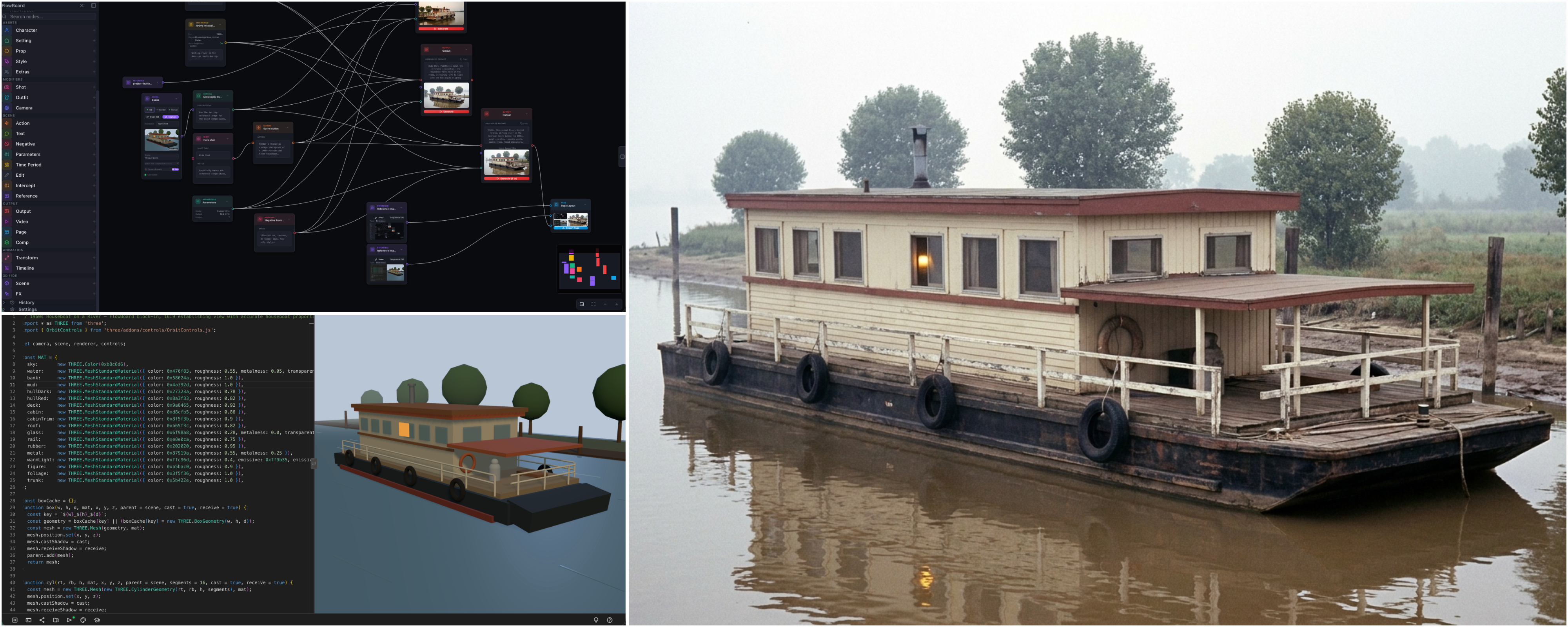 Three-up collage showing the scene capture, initial render, and refined FlowBoard houseboat result