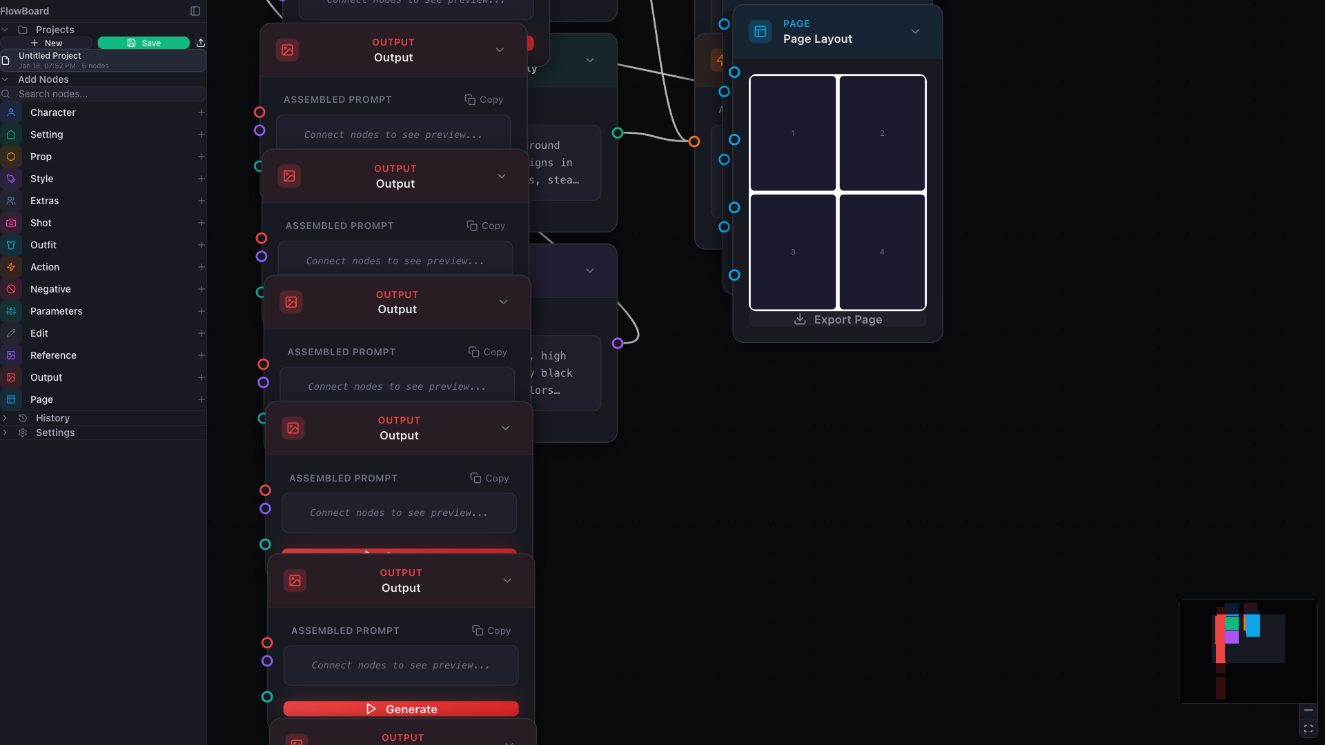FlowBoard node graph with multiple outputs feeding a page layout node inside a single project canvas