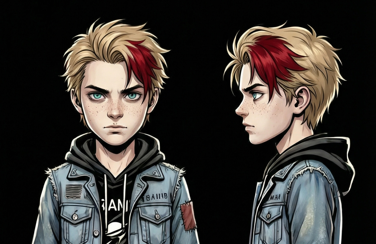 Character sheet for Mason, front and side views from the shoulders up, blond hair with a red streak