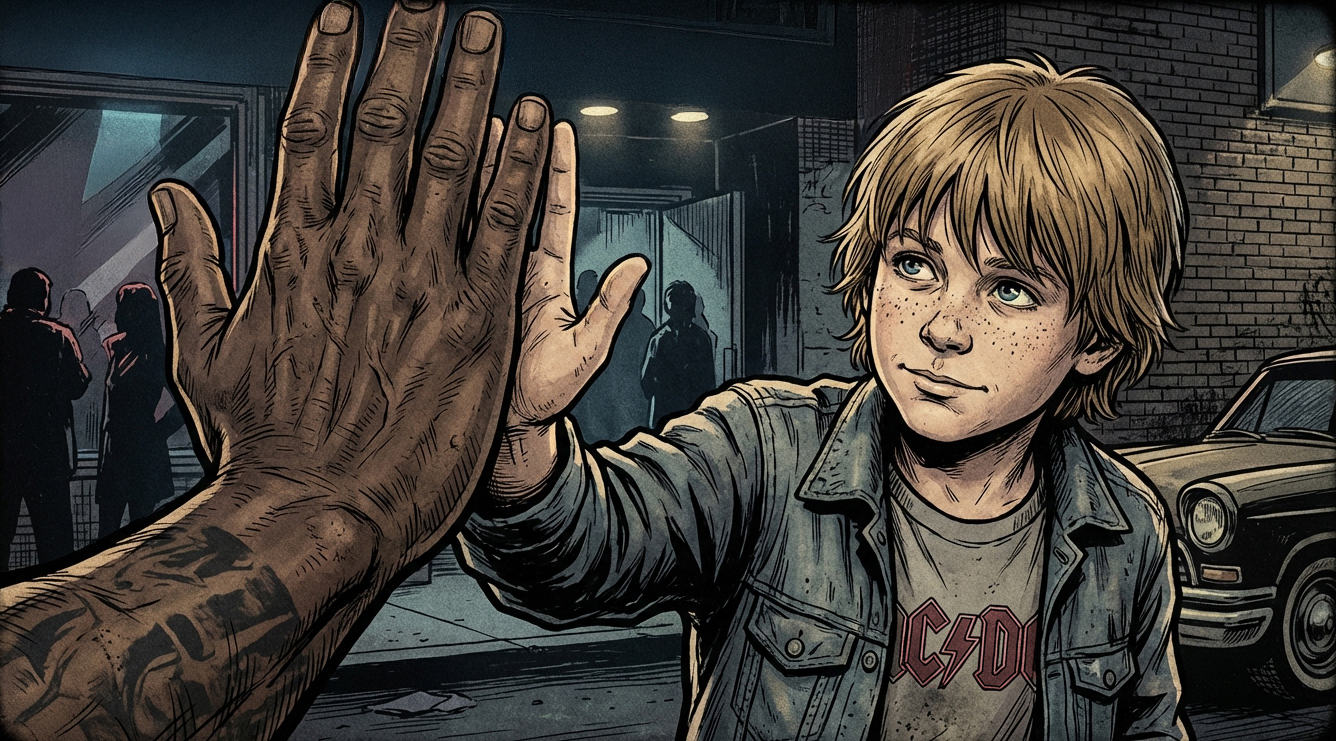 Mason high-fives the Bouncer